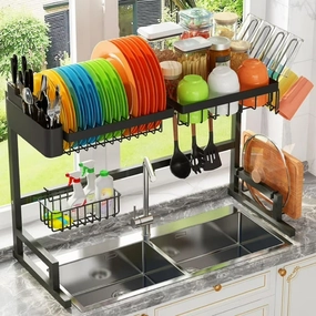 ADBIU ADBIU-DR-001 Expandable Over The Sink Dish Drying Rack 2 Tier Stainless Steel Adjustable Height and Length