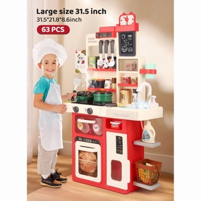 AmtpM 2.6 FT Toddler Kitchen Playset w/Sound & Light, Red/White - Kids Girls Boys 1-3