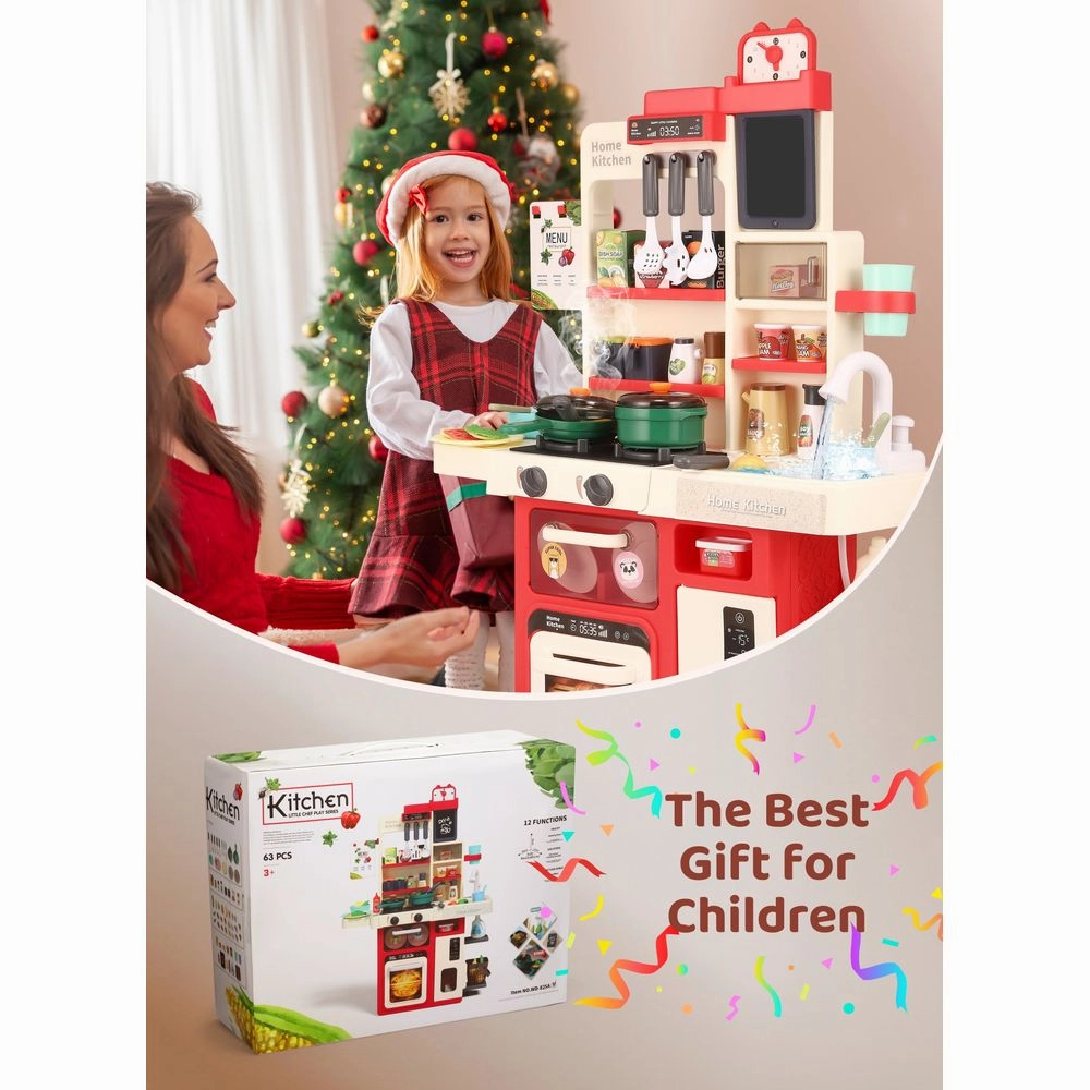 AmtpM 2.6 FT Toddler Kitchen Playset w/Sound & Light, Red/White - Kids Girls Boys 1-3