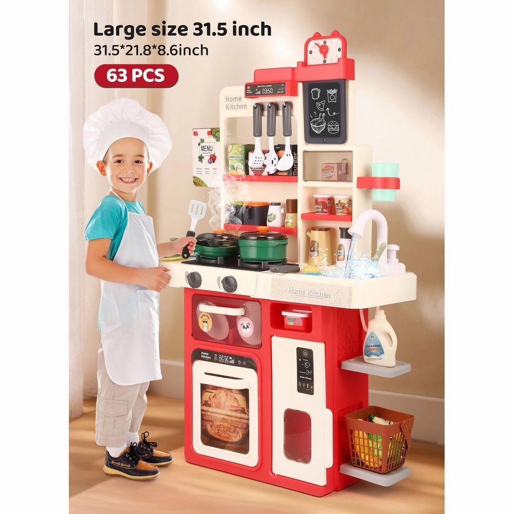 AmtpM 2.6 FT Toddler Kitchen Playset w/Sound & Light, Red/White - Kids Girls Boys 1-3