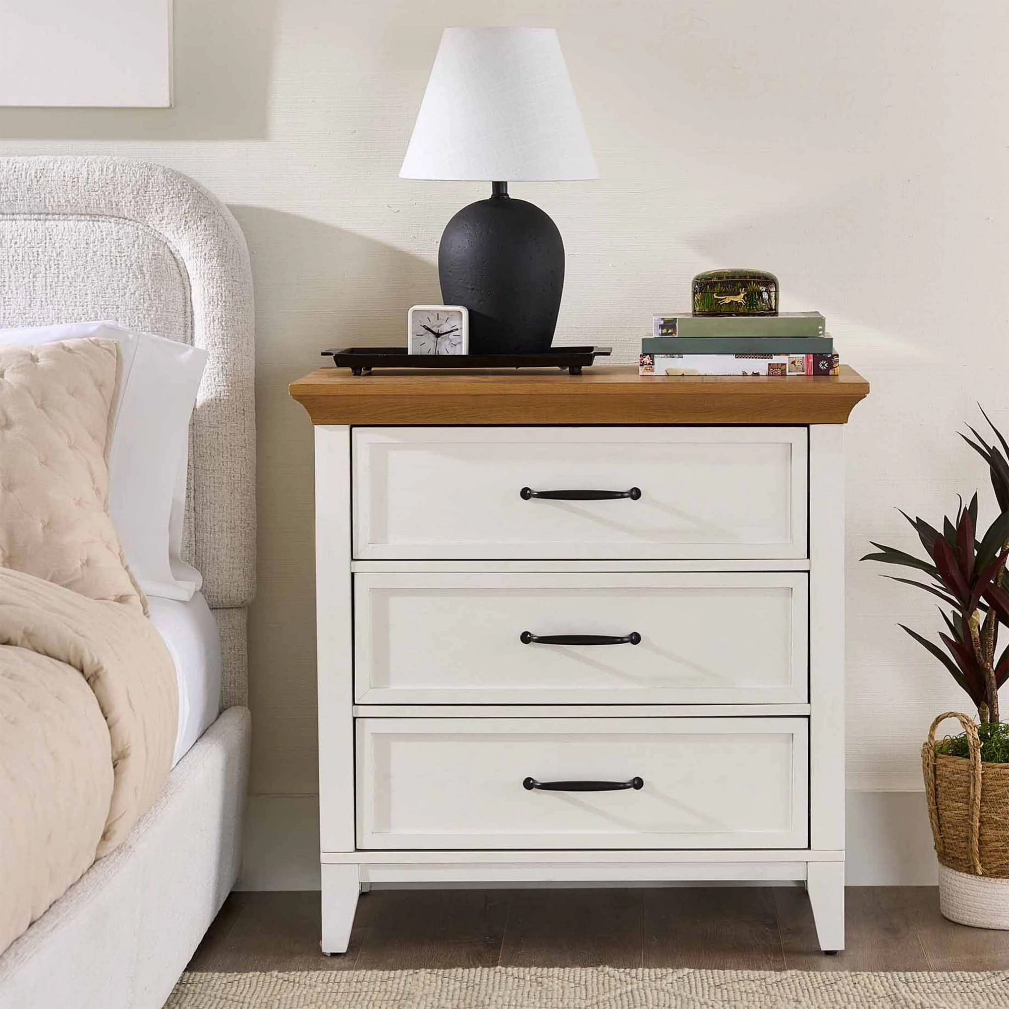 Better Homes & Gardens BHS436249972061 Canton 3-Drawer Nightstand, Textured White and Light Honey