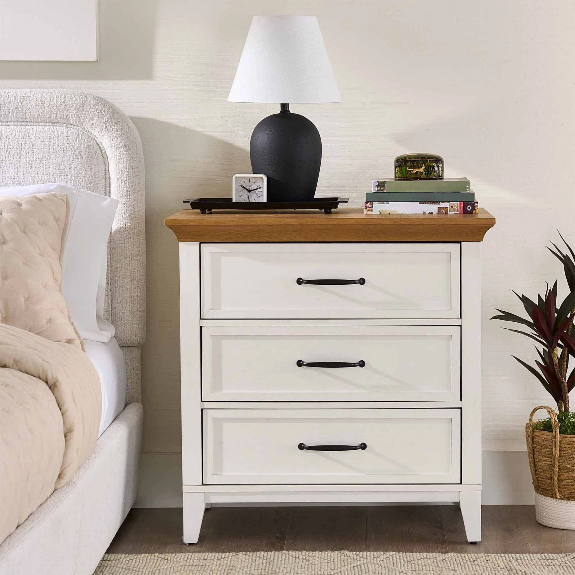 Better Homes & Gardens BHS436249972061 Canton 3-Drawer Nightstand, Textured White and Light Honey