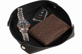 Black Leather Travel Valet Storage Tray Folds Flat