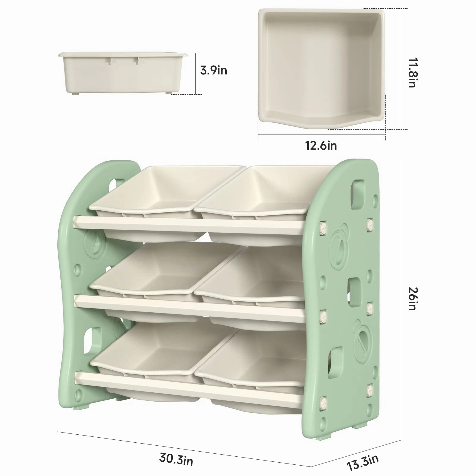 Bruce & Shark Kids Toy Organizers and Storage with 6 Removable Plastic Bins, Green