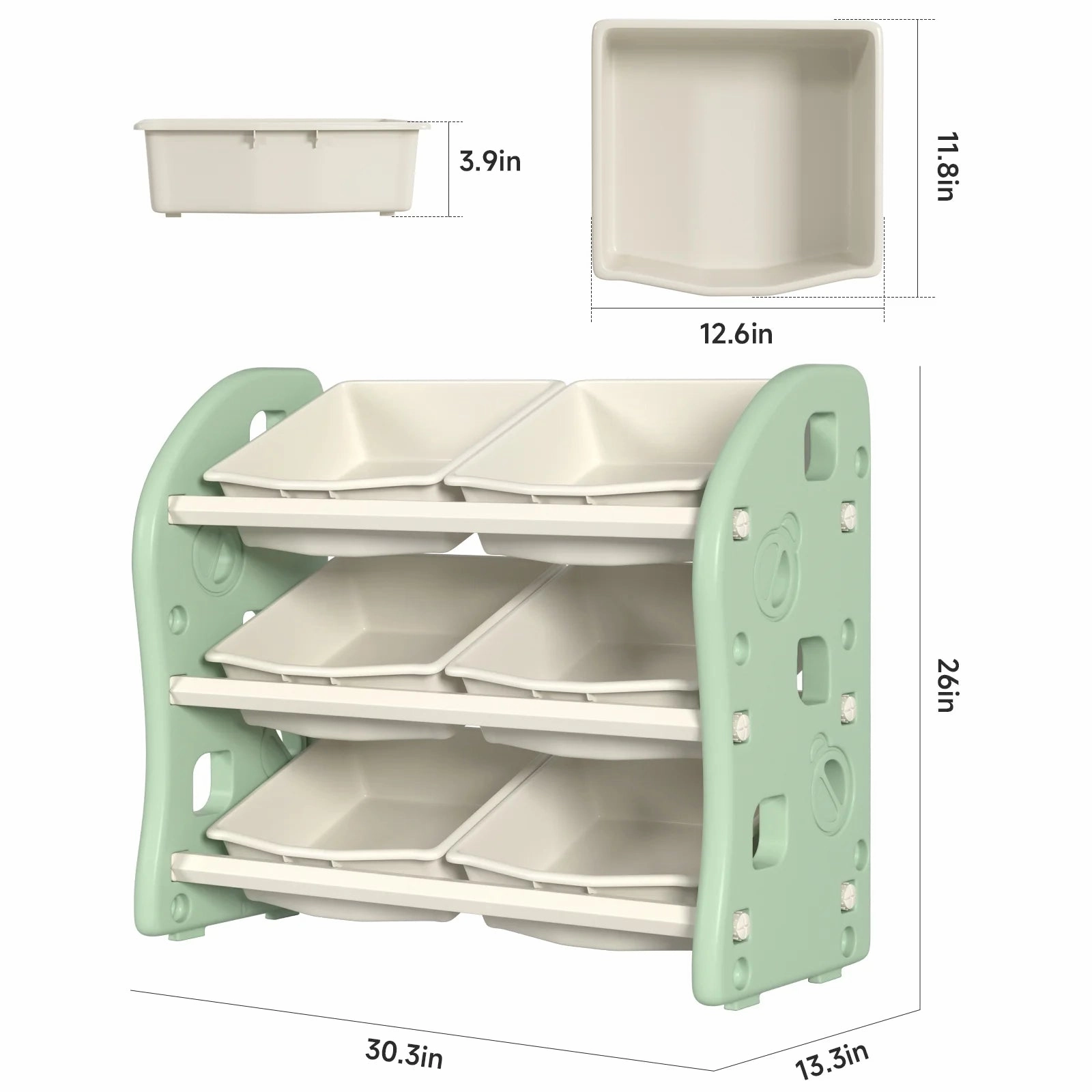 Bruce & Shark Kids Toy Organizers and Storage with 6 Removable Plastic Bins, Green