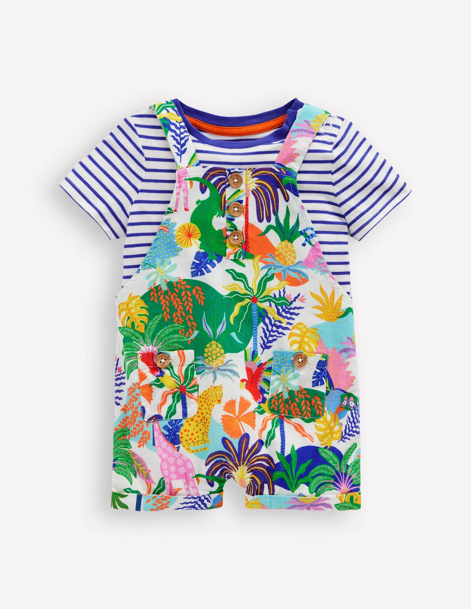 Button Dungaree Set-Coconutmilk Multi Jungle