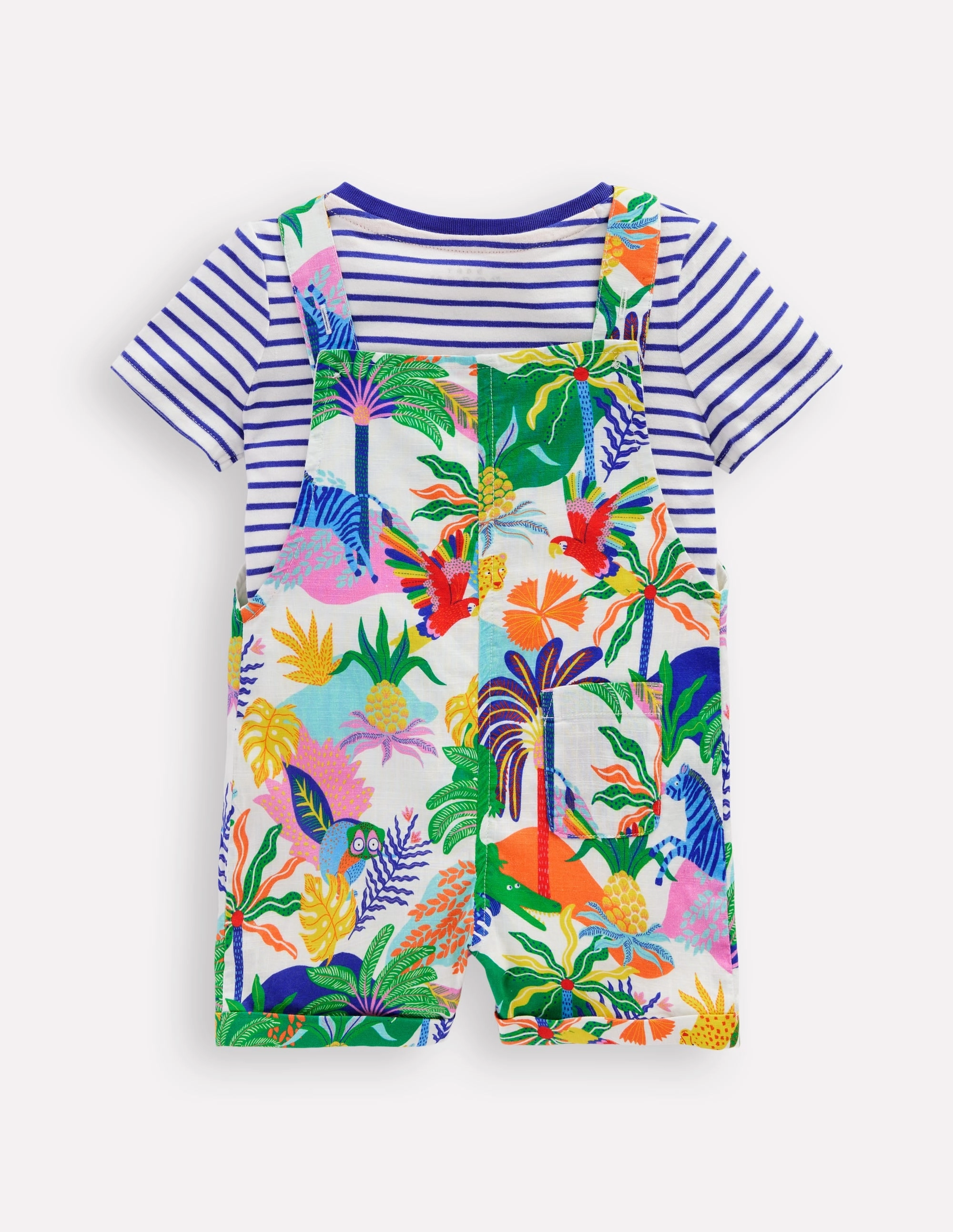 Button Dungaree Set-Coconutmilk Multi Jungle