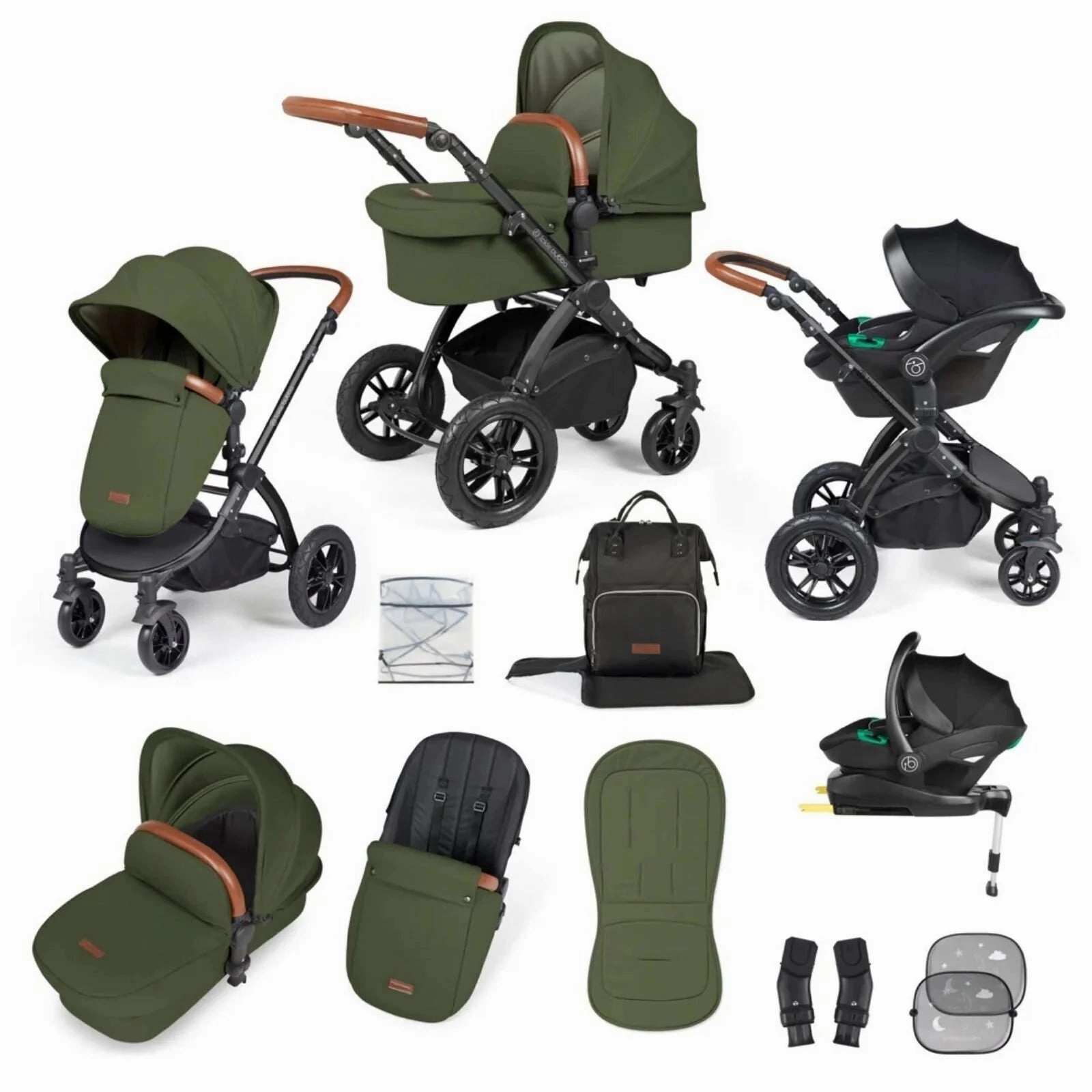 Ickle Bubba Stomp Luxe All-in-One Stratus i-Size Travel System with Isofix Base - Black & Woodland & Tan