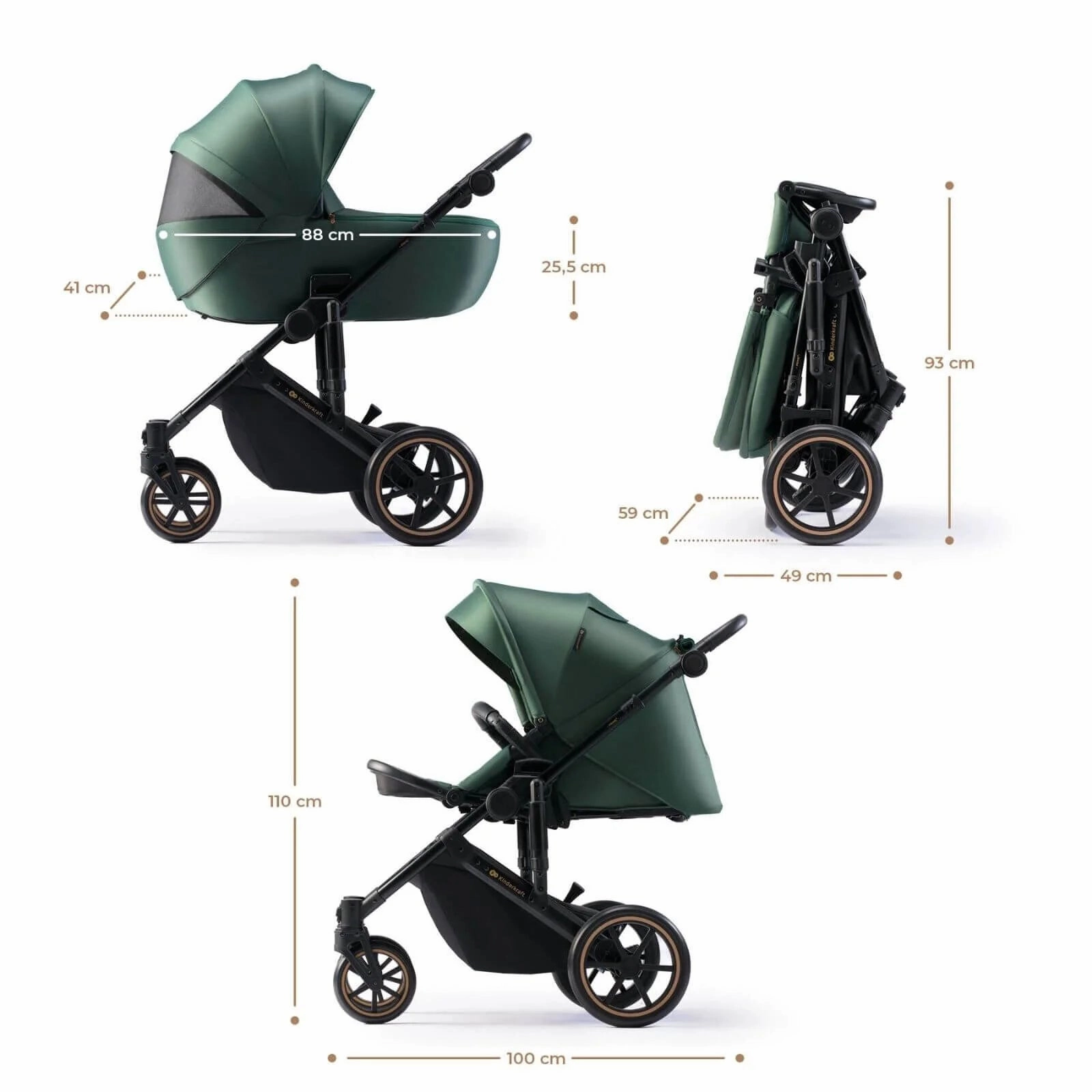 Kinderkraft 3in1 Mink Pro Prime 2 Travel System with Car Seat - Dark Green