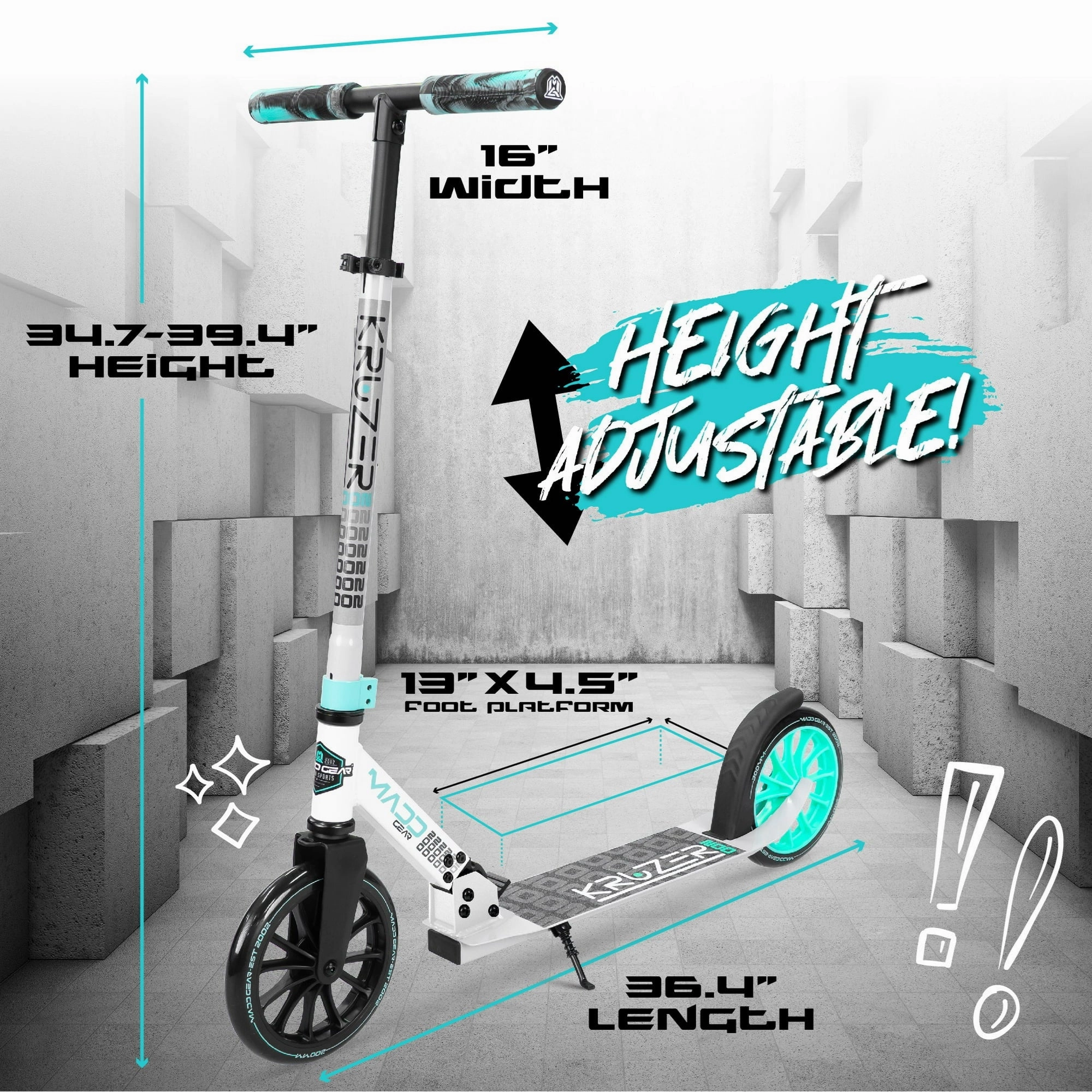 Madd Gear 426-112 Kruzer 200mm Commuter Scooter Easy Folding Height Adjustable for Teens & Adults Max Weight 220LBS