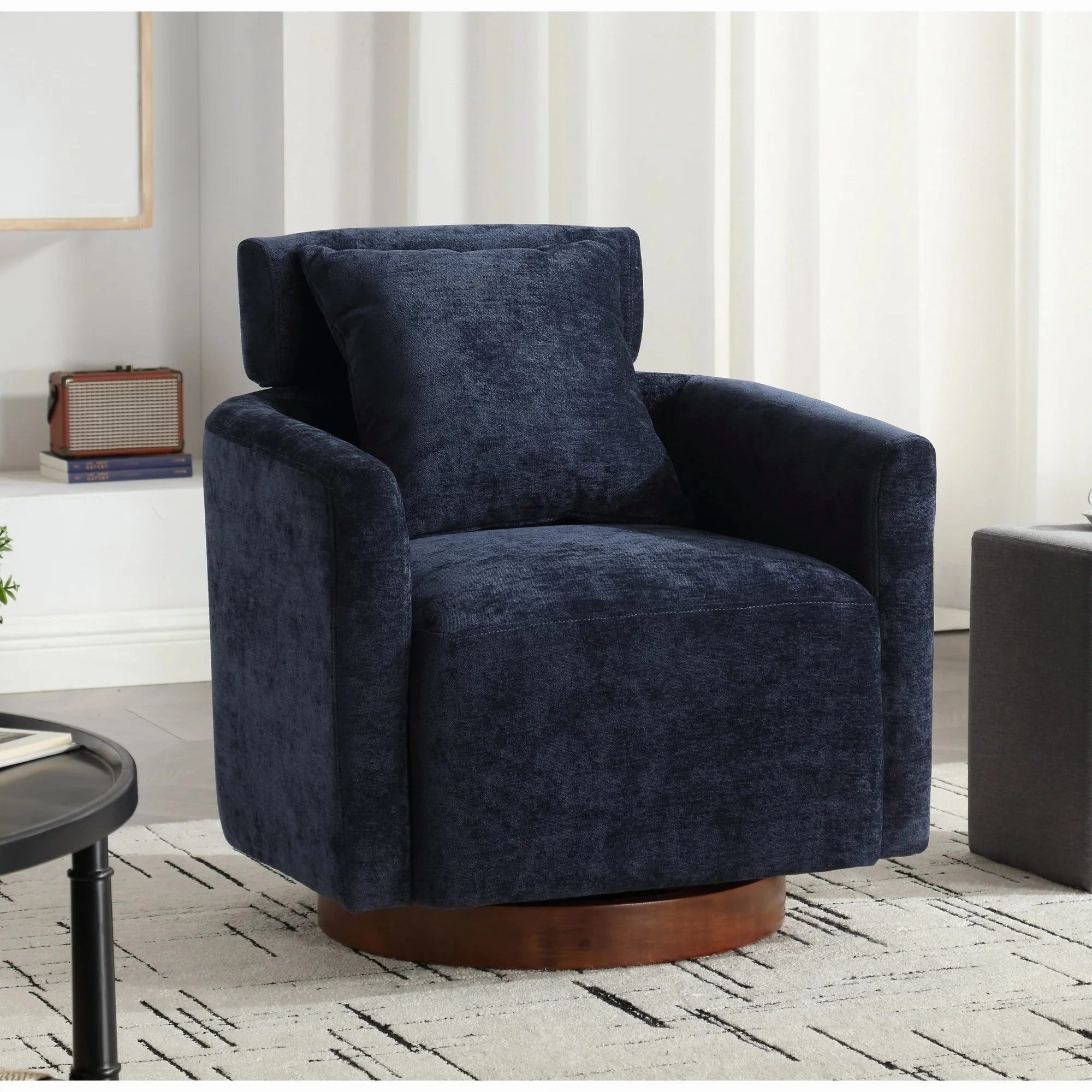 MOONMISS Chenille Upholstered 360 Round Barrel Chair with a Pillow, Navy Blue