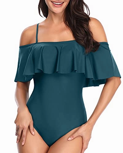 Off Shoulder Long Torso Vintage One Piece Swimsuits-Teal