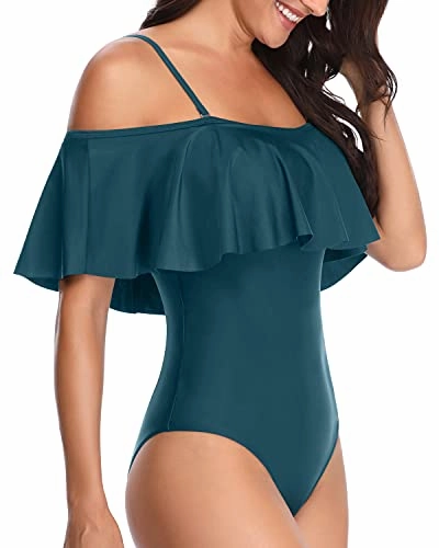 Off Shoulder Long Torso Vintage One Piece Swimsuits-Teal