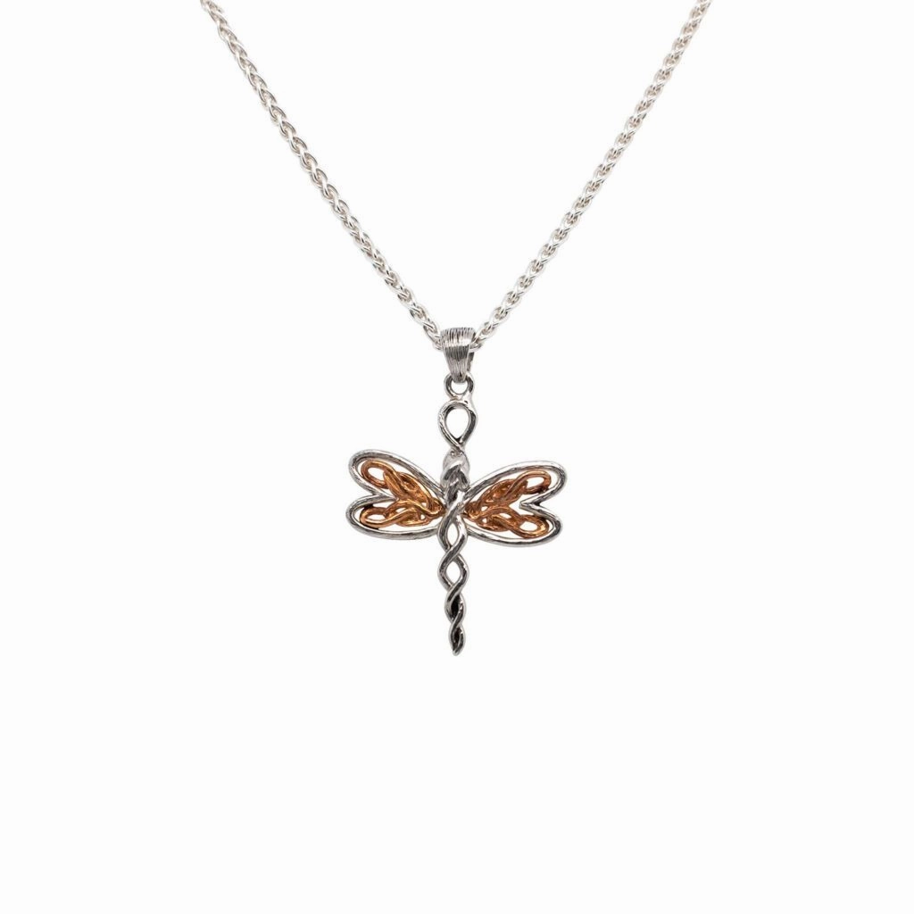 Silver and 10k Yellow or Rose Gold Dragonfly Petite Pendant