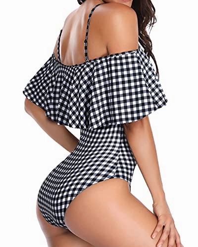 Stylish Off Shoulder One Piece Swimwear For Girls-Black And White Checkered