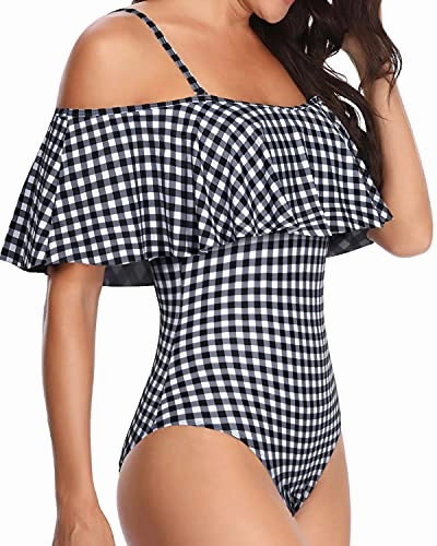 Stylish Off Shoulder One Piece Swimwear For Girls-Black And White Checkered
