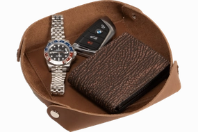 Taos Brown Leather Travel Valet Storage Tray Folds Flat