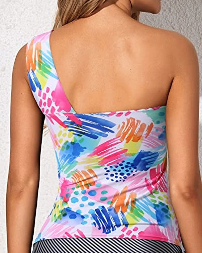 Versatile Asymmetric Cut Tankini Top Removable Pads Swim Tops-Colorblock